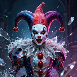 impressive ominous cinematic fine portrait photo of a court jester!! rigid shattered crystal shard glitch volumetric dynamic fluid simulation lighting impressive masterpiece hyper ultra detailed intricate sharp focus 8 k realistic illustration canon eos r 3 fujifilm x - t 3 0 sony alpha, by james gurney tooth wu artgerm colorful!!!, trending on artstation behance cgsociety stunning closeup macro