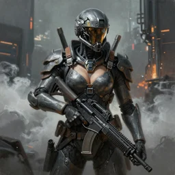 ultra realist and ultra intricate detailed soft painting of a intimidating sci-fi armored male, from the waist up, sci-fi helmet, futuristic assault rifle, sensual gloomy style, volumetric clouds, cyberpunk burning building background, artstation, unreal render, depth of field