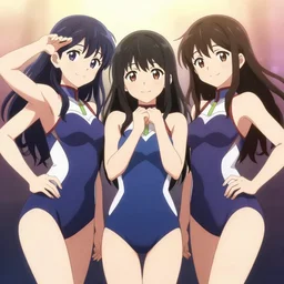 beautiful, perfect, epic 8 k hd anime shot, three j - pop idols av actresses in japanese girl band, posing together in leotards. soft volumetric light. by yoshiyuki sadamoto, amagaitaro, makoto shinkai, krenz cushart, asao urata, pixiv
