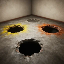 a room, there are 3 giant holes in the floor. each has a different color. unreal engine