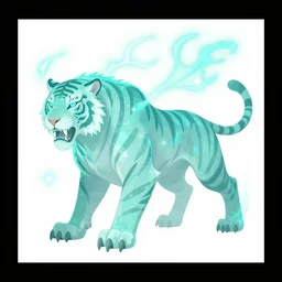 Ghostly tiger creature made out of turquoise energy character design sheet, Monster Hunter Illustrations art book, Bright sparks, claws, huge sabertooth fangs, Moebius, Greg Rutkowski, Zabrocki, Karlkka, Jayison Devadas, Phuoc Quan, trending on Artstation, 8K, ultra wide angle, zenith view, pincushion lens effect.