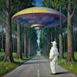 man in white beekeeper suit looking at the psychedelics dream mothership over the solitary road lined with giant poplars. painting by mikalojus konstantinas ciurlionis, bosch, wayne barlowe, agnes pelton, rene magritte
