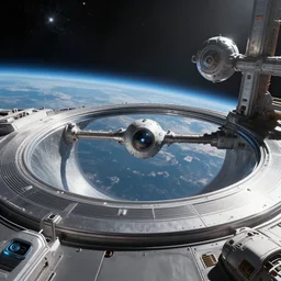 intergalactic stargate portal in a space station with a view of a planet in the background by anton otto fischer