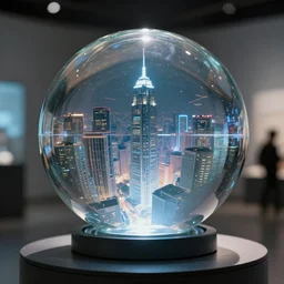 A glass sphere on display with a futuristic cybercity inside.