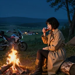 Panoramic photograph on a girl from Final Fantasy live action, with short black hair and green eyes in a tan trenchcoat sitting on a log and drinking tea by the campfire by her motorrad at night, ray tracing, large landscape with village, Jakub Rozalski