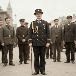 an image of a civic official censor, in a medium full shot, russian and japanese mix, high - key lighting, warm lighting, overcast flat midday sunlight, a vintage historical fantasy 1 9 1 5 photo from life magazine, professional cooperate, the new york times photojournalism.