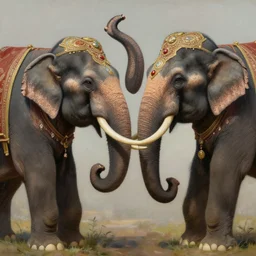 portrait of two war - elephant fight scene, closeup portrait, historical, tai ethnic decoration, elegant, loin cloth, highly detailed, oil painting, artstation, concept art, matte, sharp focus, illustration, hearthstone, art by earl norem