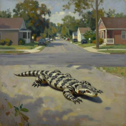 a viper crawling through suburban streets, oil on canvas, by edward hopper