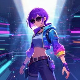 an angelic hacker with purple hair in vast cyberspace glitching through a sunshaft, wearing sunglasses, futuristic clothes, vibrant colors, glitchy, rule of thirds, spotlight, drips of paint, expressive, passionate, by greg rutkowski, by jeremy mann, by francoise nielly, by van gogh, digital painting