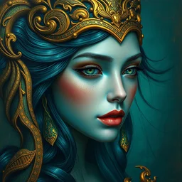 an intricate painting of a beautiful young mermaid with klimt golden motives and textures, hyper detailed, ornamental gold headpiece, octane render, vivid colors, artstation, by jeremy mann, by alphonse mucha, by boris vallejo