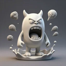 ebay product, miniature resine figure, High detail photography, 8K, 3d fractals, pictoplasma, one simple angry screaming ceramic toy monster Figure sculpture, surrounded by splashes, 3d primitives, in a Studio hollow, by pixar, by jonathan ive,, simulation