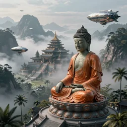sci fi cinematic establishing shot of a single sitting buddha statue with an intricated orange robe, high detail digital painting a grey buddhist temple on a misty mountain, high detailed valley with palm trees, high camera angle, mystic atmosphere, a detailed metallic temple on a misty mountain, shiny metallic airships with reflections, volumetric fog, perspective painting, atmospheric shot, octane renderer