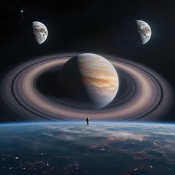 a view from the surface of an alien world, ring system, moons and a galaxy in the skies, still from a movie directed by Dennis Villeneuve, award-winning cinematography, 4k