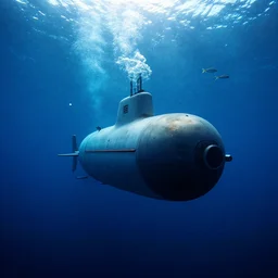 underwater scene of a submarine with volumetric lights lighting on a school of fish