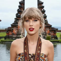 taylor swift wearing batik bali in bali. temple, lake, rice field, ocean. front view. instagram closeup holiday photo shoot, perfect faces