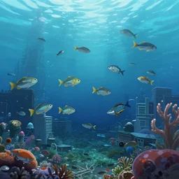 a beautiful picture of a city under the sea ， fish shuttle, anime, detailed, 8 k