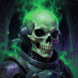 a close - up view portrait of a lone astronauuuuuuuuuuuuuuuut, brutalist dock halls with green alien fog, close - up view, detailed textures. glowing green purple fog, dark black background. murder poison skull face, highly detailed fantasy science fiction painting by moebius!!!!!!, norman rockwell, frank frazetta, and syd mead. rich colors