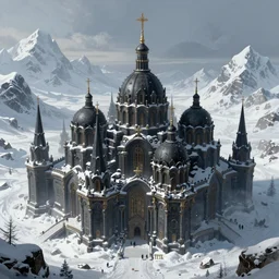 The capital of a warhammer 40k imperial russian citadel, black domes and spires, sci fi, located in the frozen northern wastes, snow capped mountains, fantasy, highly detailed, digital painting, artstation, concept art, illustration, art by Bayard Wu and Marc Simonetti and Diego Gisbert Llorens