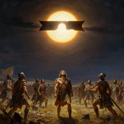 a total solar eclipse fills the sky, warriors on an ancient battlefield stop and look up as the sky goes dark. 5 0 0 bc. beautiful painting by michael whelan, dramatic lighting, rich colors.