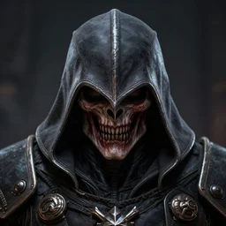 warhammer assassin head, terrifying, grimdark, photorealistic, closeup, symmetrical, artstation