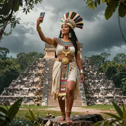 Aztec princess taking a selfie, standing on top of a South American pyramid in a rainforest