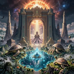 majestic interstellar portal, fortress gateway, huge futuristic temple city, Great Leviathan Turtle, cephalopod, Cthulhu Squid, hybrid, Mythic Island, magical sparkling lake, Rainforest, birds eye, vista view, Solar Flare, peter mohrbacher, vladimir kush, michael whelan, tsutomu nihei, kay sage, digital art, airbrush, art nouveau, intricate, clear, looming, epic, depth, artstation, highly detailed, blender, Unreal Engine, octane render, vray, 8k