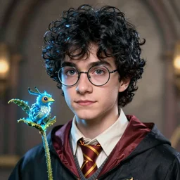 close - ip shot, character portrait, a seventeen years old male!! ravenclaw wizard with black curly hair, wearing glasses!!! with a mandrake!!!, blue shiny lighting, beautiful fantasy art, film still from new harry potter movie, by by artgerm and hayao miyazaki, trending on artstation