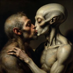 closeup portrait of ribbed alien kissing hominidae, lucid dream - like heavy atmosphere, baroque painting, harsh flash photo, perfect composition, detailed octane render trending on artstation, 8 k artistic photography, volumetric cinematic perfect light, chiaroscuro, masterpiece, raphael, caravaggio, beksinski, rutkowski, beeple