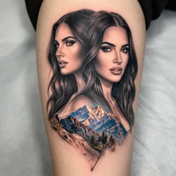 double exposure effect tattoo design sketch of megan fox and beautiful mountains, surrealism tattoo, in the style of matteo pasqualin, amazing detail, sharp