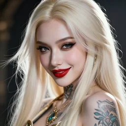 very complex hyper-maximalist overdetailed cinematic fantasy closeup macro portrait of a heavenly beautiful cute young royal fantasy goddess queen with long straight platinum blonde hair :: Magic the gathering, pale skin and dark eyes and red lipstick ,flirting smiling, vibrant high contrast, octane,arney freytag, Fashion photo shoot,, glamorous, tattoos,shot in the photo studio, professional studio lighting, backlit, rim lighting, 8k
