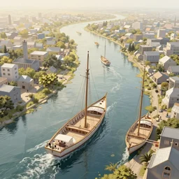 boats on polygonal rivers, light dust, magnificent, close up, details, sharp focus, elegant, highly detailed, illustration, by Jordan Grimmer and greg rutkowski and PiNe(パイネ) and 薯子Imoko and 香川悠作 and wlop and maya takamura, intricate, beautiful, Trending artstation, pixiv, digital Art