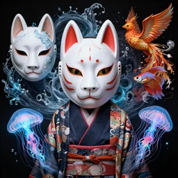 3 d eye of god. beautiful intricately detailed japanese crow kitsune mask and clasical japanese kimono. betta fish, jellyfish phoenix, bio luminescent, plasma, ice, water, wind, creature, artwork by tooth wu and wlop and beeple and greg rutkowski