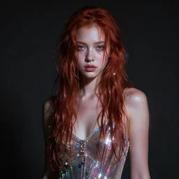 dramatic lighting portrait of a beautiful! ethereal ginger young woman wearing shiny swarovski dress with wet hair. paint splashes. moody and melancholy. with a little bit of lens flare. digital art by beeple