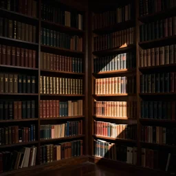 room with bookshelves, shelves filled with books, dark, chiaroscuro, by francisco goya, by caravaggio
