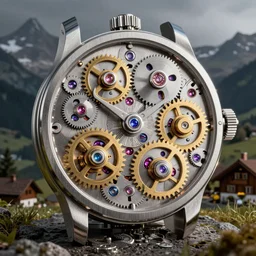 Beautiful Swiss chalet built on a landscape of an intricate watch mechanism, cogs, gears, gearwheels, levers, jewels, shiny silver, shiny gold, engraved metal, architectural render, futuresynth, by Gabriel Dawe, by Skottie Young, by Jessica Rossier, by Isaac Cordal, Rolex, Breitling, Hublot, Jacob & Co, Tag Heur, (steampunk)
