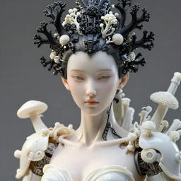 hyper detailed ultra sharp portrait of a beautiful porcelain ivory cyborg warrior, well contoured smooth fair skin, up close shot, sharp focus, global illumination, radiant light, biomechanical black corals headdress made of corals, cyberpunk brackets, mushrooms, puffballs, rhizomorphs, alexandre ferra white mecha, irakli nadar, octane highly render, 4 k, ultra hd,