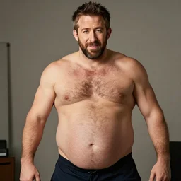 ryan reynolds with a huge belly, powerful, dad energy, hairy, 4 k hd