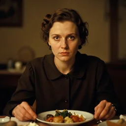 1 9 7 9 a soviet movie still a russian woman sitting at a table with a plate of food in dark warm light, a character portrait by nadya rusheva, perfect symmetric coherent face, perfect symmetric eyes, featured on cg society, neo - fauvism, movie still, 8 k, fauvism, cinestill, bokeh, gelios lens