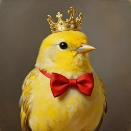 an elegant yellow!! bird!!! wearing a crown!!! and a red! bow!! tie!!, painting in the style of sandra chevrier, very very beautiful, high quality, detailed, 4k, digital art, artstation, smooth