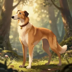 a medevial anthropomorphic borzoi with a fluffy tail in the forest, trending on furaffinity, trending on artstation, furry art, digital art, by kawacy, anime art, warm light, bokeh, backlighting, assassins creed