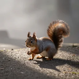 a squirrel approaches on a foggy day