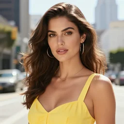 close up portrait of a beautiful, attractive brown hair woman, wearing a yellow sundress, in downtown Los Angeles