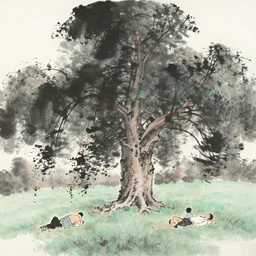 giant tree in a meadow, chinese ink brush, yukio - e, kilian eng, victo ngai, josan gonzalez