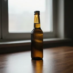 a 4 k photorealistic photo of a bottle on a desk infront of a window. good reflections.
