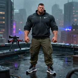 A broad shouldered, muscular man wearing Reindeelusion Steven Cargo pants and Nike Tech fleece Shirt and Nike Acronym presto sneakers, rooftop, sniper rifle stationed in background, Police sirens shining in far background,  high quality, digital art, dirty cyberpunk city, rain, greg rutkowski