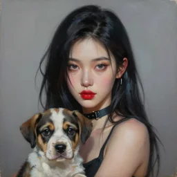 a painting of xyremm trending on artstation in the style of greg rutkowski, wlop, oil on canvas, feminine, beautiful, portrait, puppy, black hair, 3 d, realistic, cyberpunk, blade runner, red lips