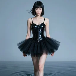 walking on water, youthful asian blade runner demure, 3 5 mm, exquisite features, feminine cut, pris mascara, daft punk neoprene tutu, misty, butcher billy, id magazine photoshoot