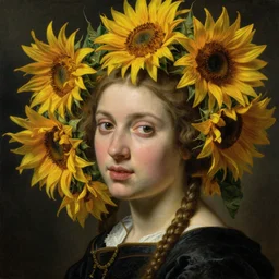 a painting of the queen of sunflowers, a flemish baroque by roberto ferri, behance, classical realism, flemish baroque, chiaroscuro, an ultrafine detailed painting, ultrafine detailed face features.