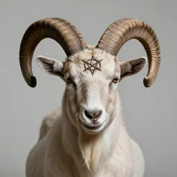 a realist color photograph portrait a human with a goat head with large curly horns and a pentagram on its forehead, empty background
