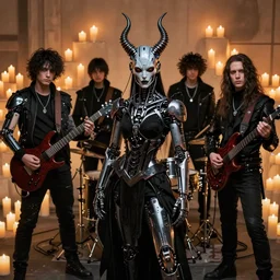 cyberpunk black metal band, guitarists, bassist, drummer, vocalist, all black cyberpunk clothes, robotic prosthetic limbs, dermal implants, detailed faces, cyborg satan, futuristic, realistic, promo photograph, epk, wall full of candles, high quality, highly detailed